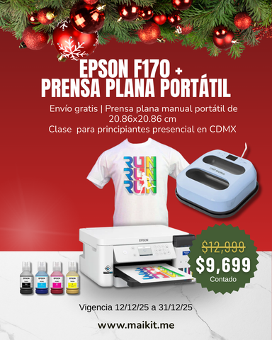 Paquete Sublimación Epson SureColor F170 + Plancha Portátil 20.86x20.86 cm + Clase